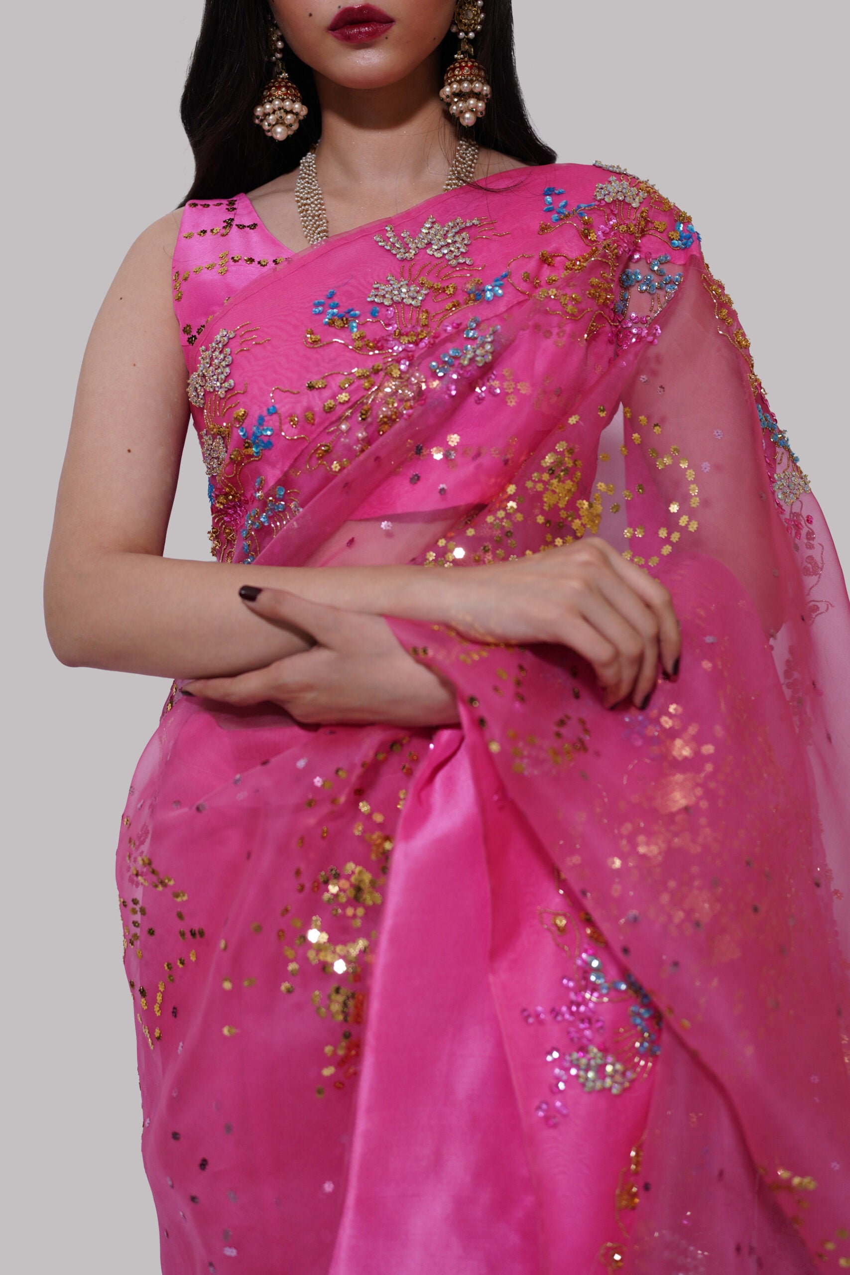 Hot Pink Embellished Organza Sari