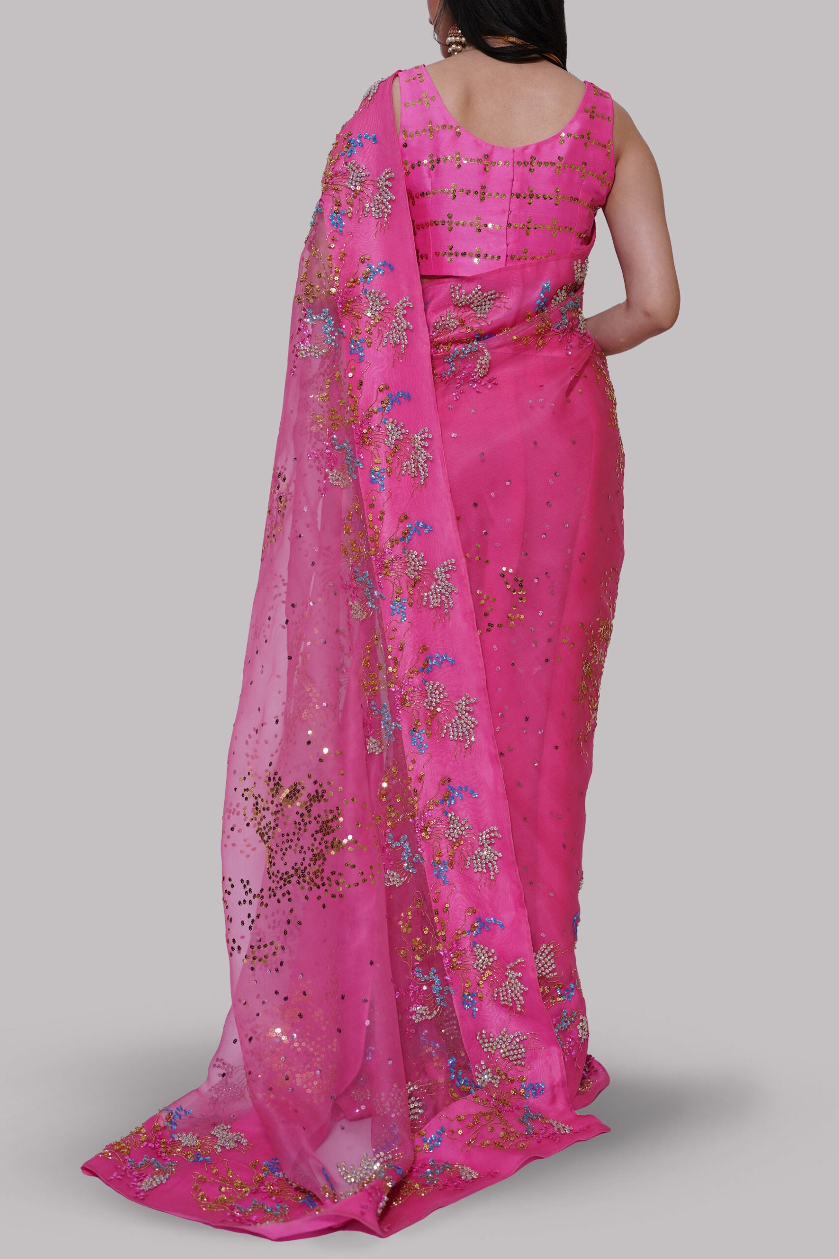 Hot Pink Embellished Organza Sari