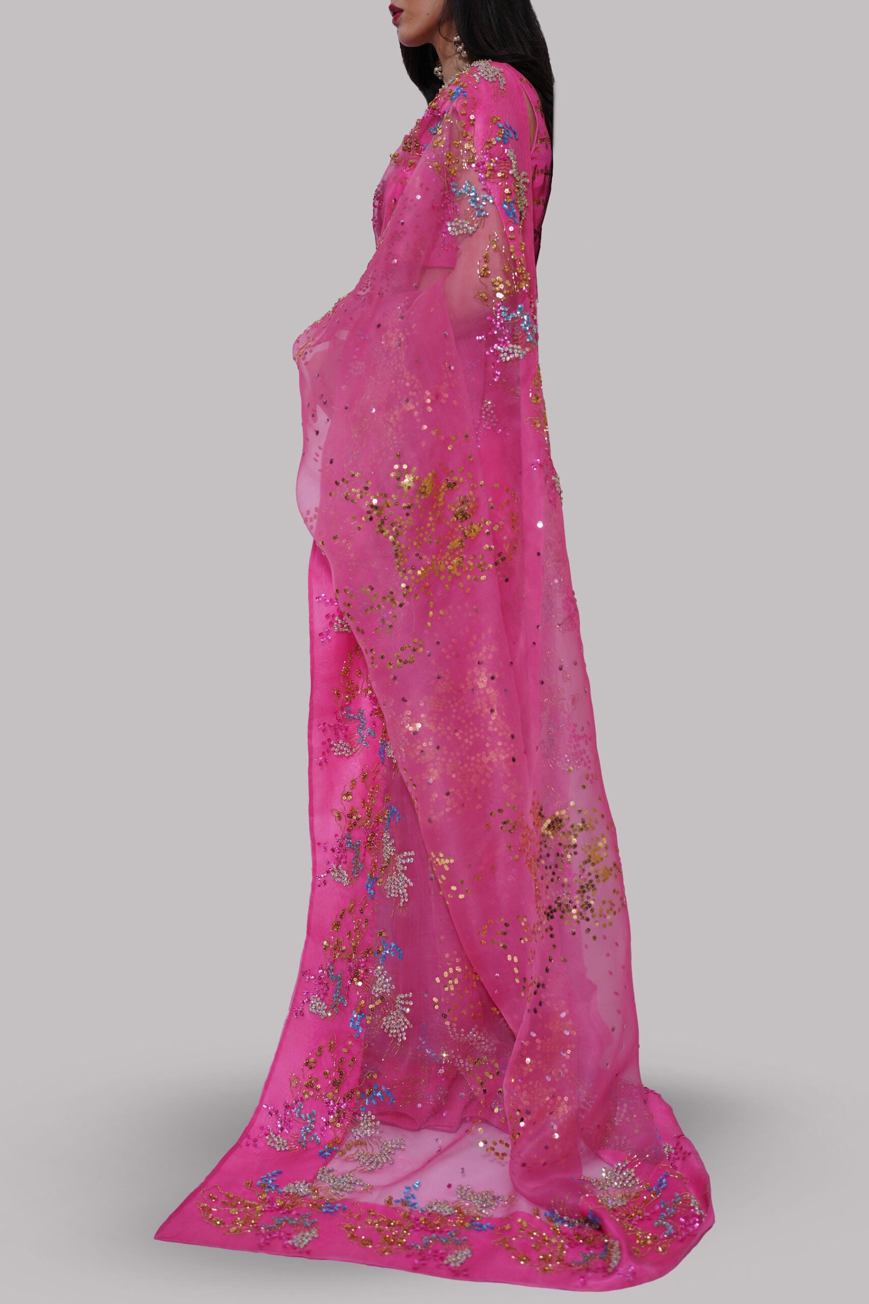 Hot Pink Embellished Organza Sari