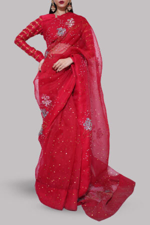 Toreador Red Embellished Organza Sari