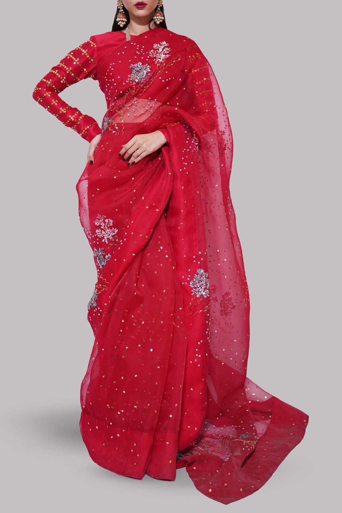 Toreador Red Embellished Organza Sari