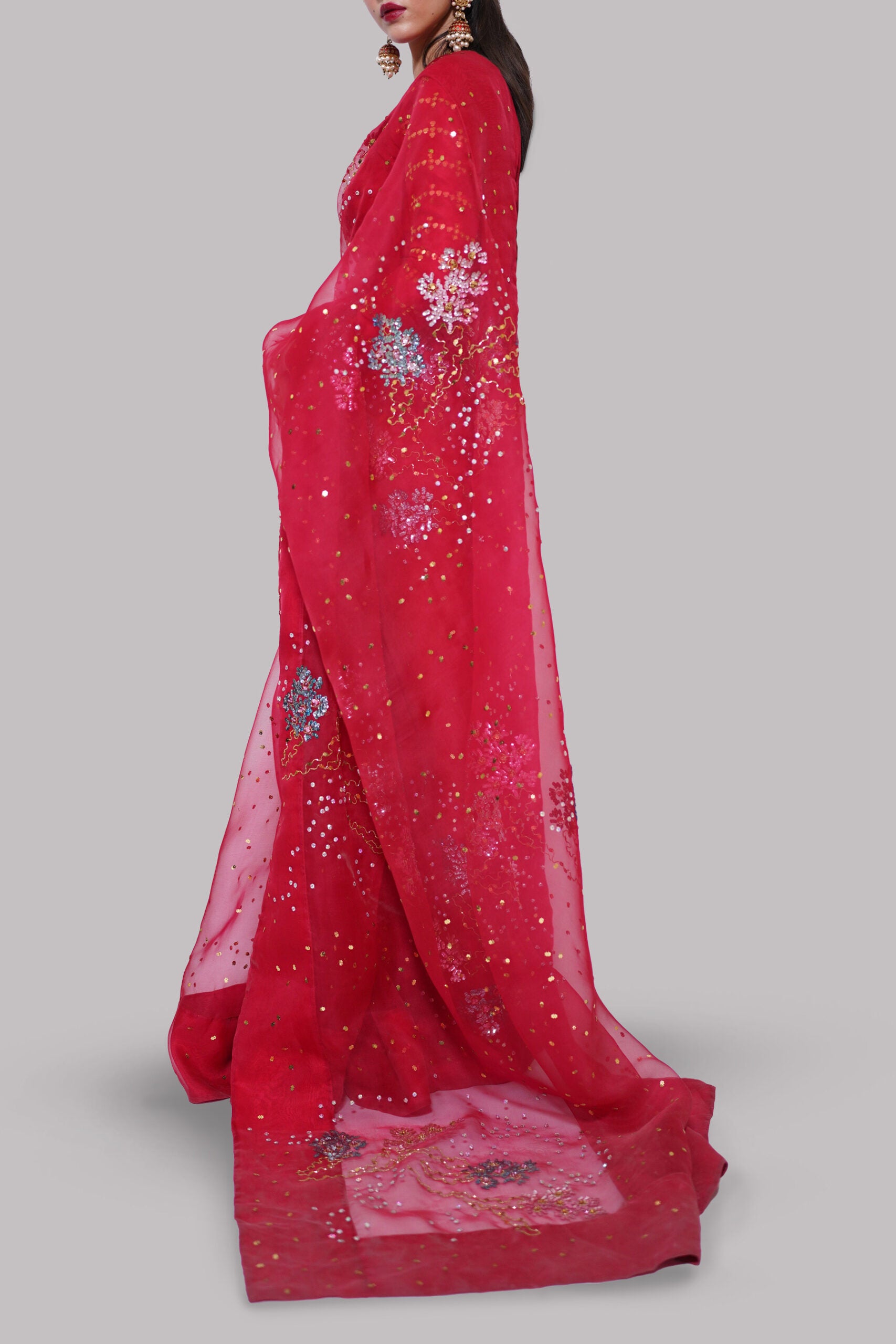 Toreador Red Embellished Organza Sari