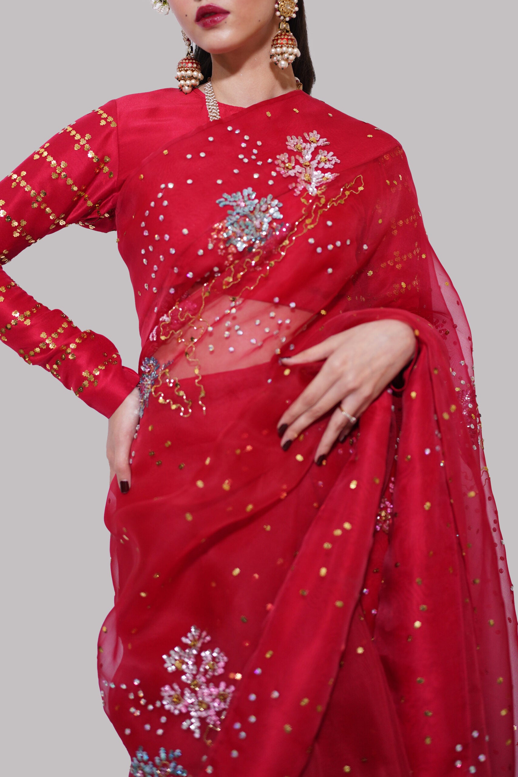 Toreador Red Embellished Organza Sari