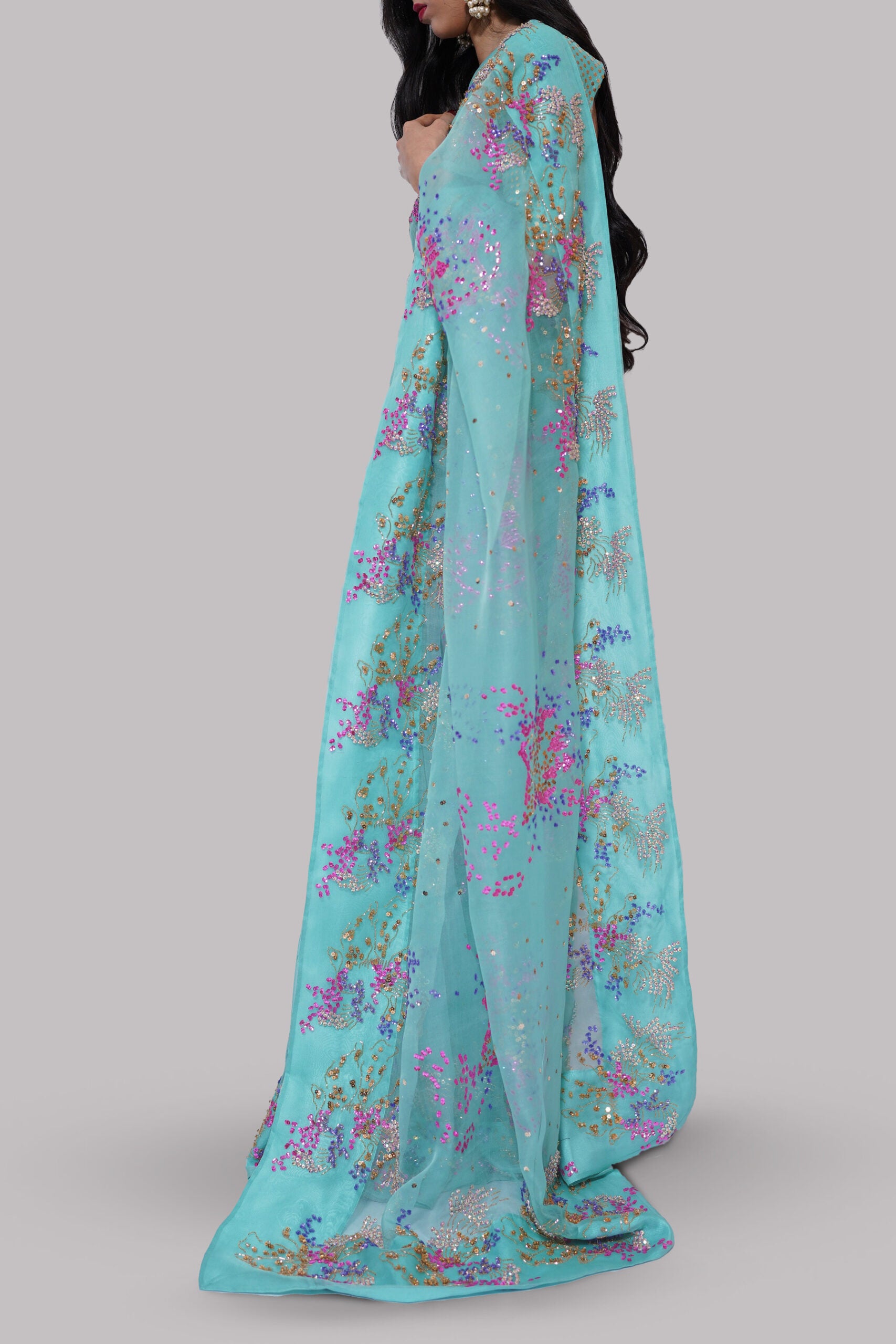 Leisure Time Cyan Embellished Organza Sari