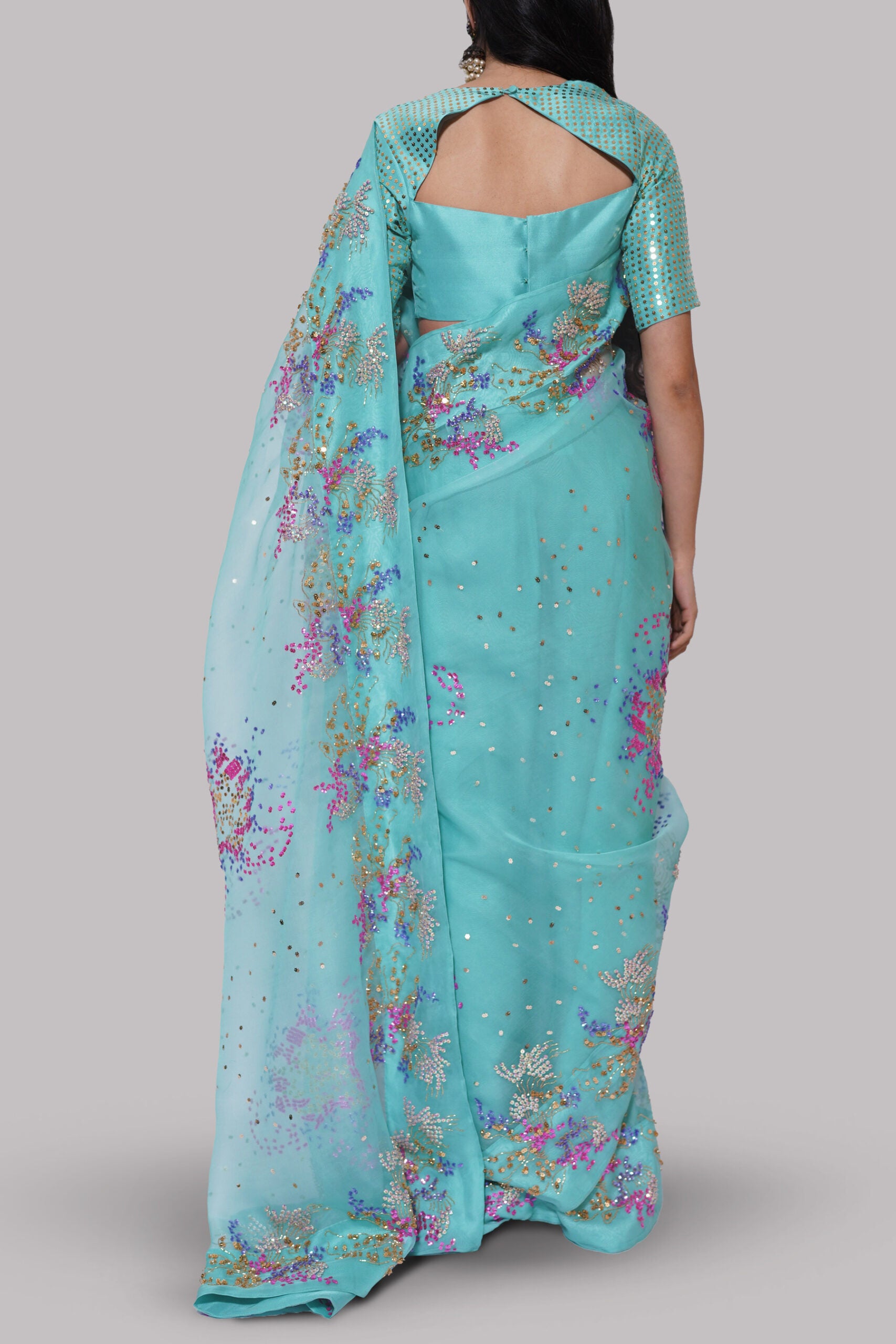 Leisure Time Cyan Embellished Organza Sari