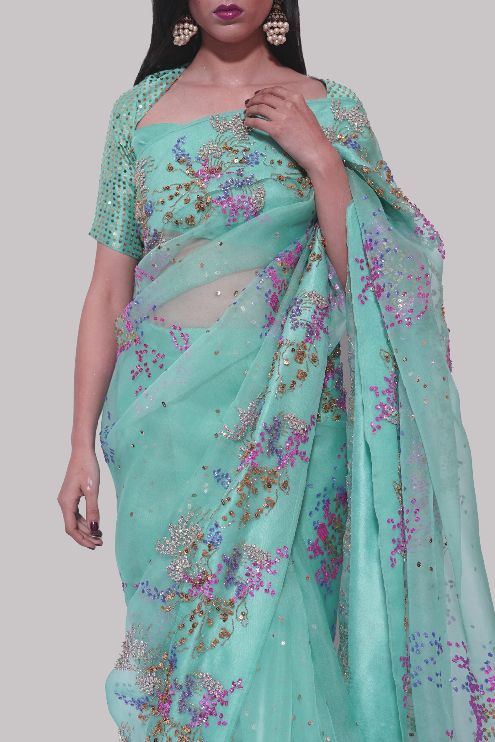 Leisure Time Cyan Embellished Organza Sari
