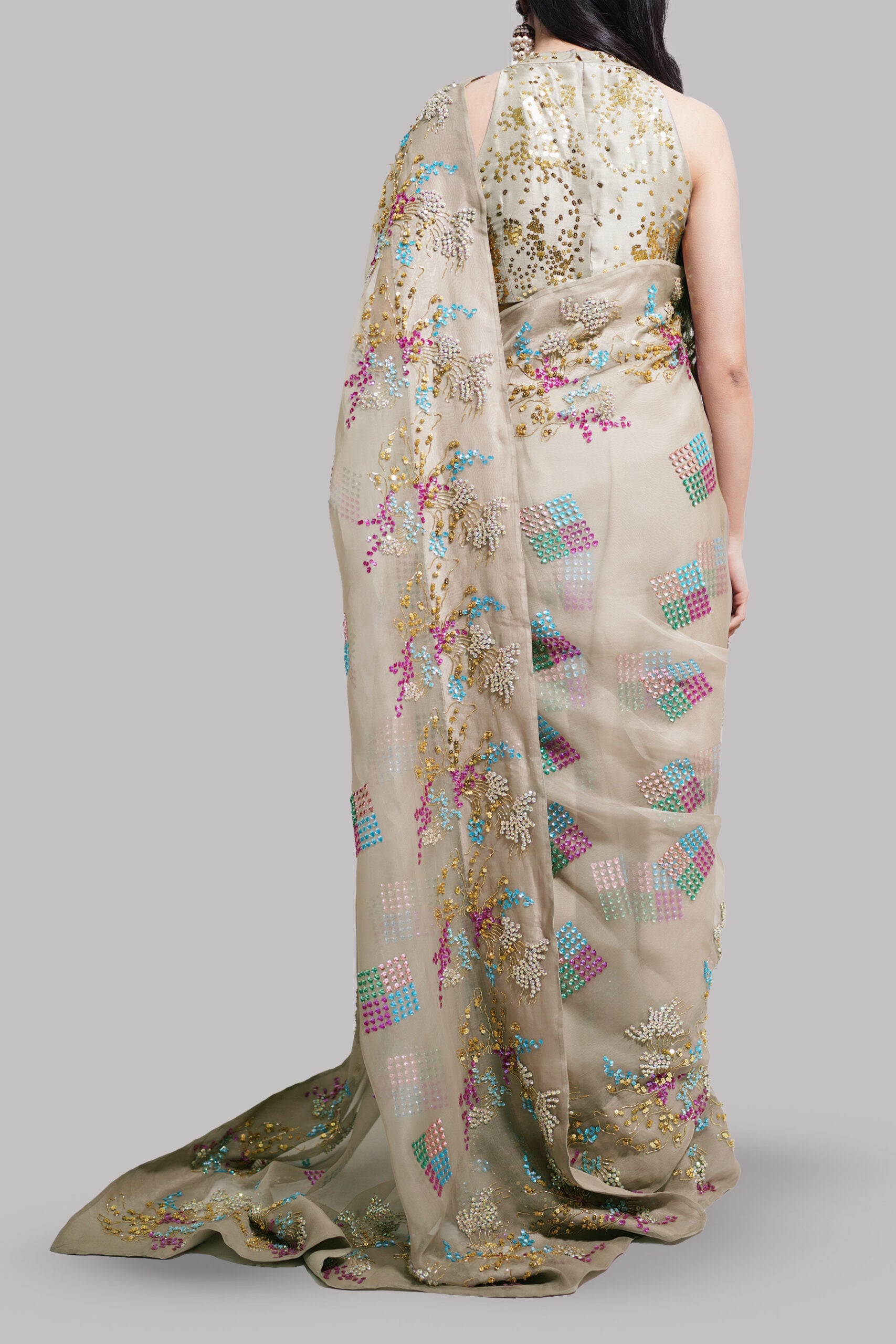 Simply Taupe Embellished Organza Sari