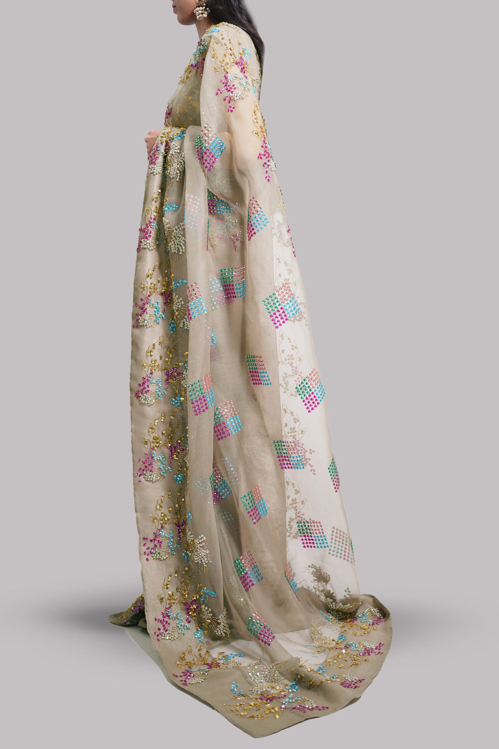 Simply Taupe Embellished Organza Sari