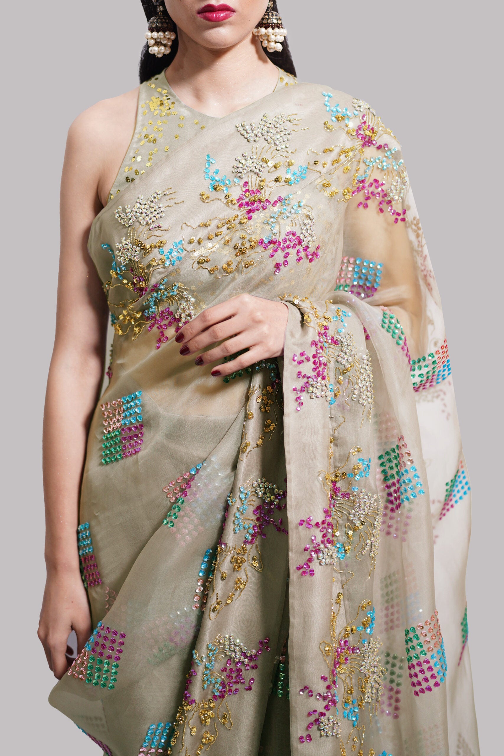 Simply Taupe Embellished Organza Sari