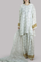 Egret Beige Block Printed and Embellished Raw Silk Set