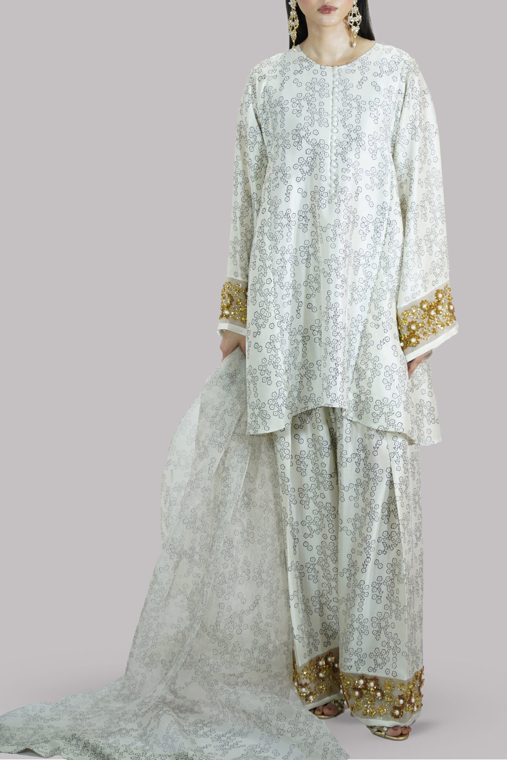 Egret Beige Block Printed and Embellished Raw Silk Set
