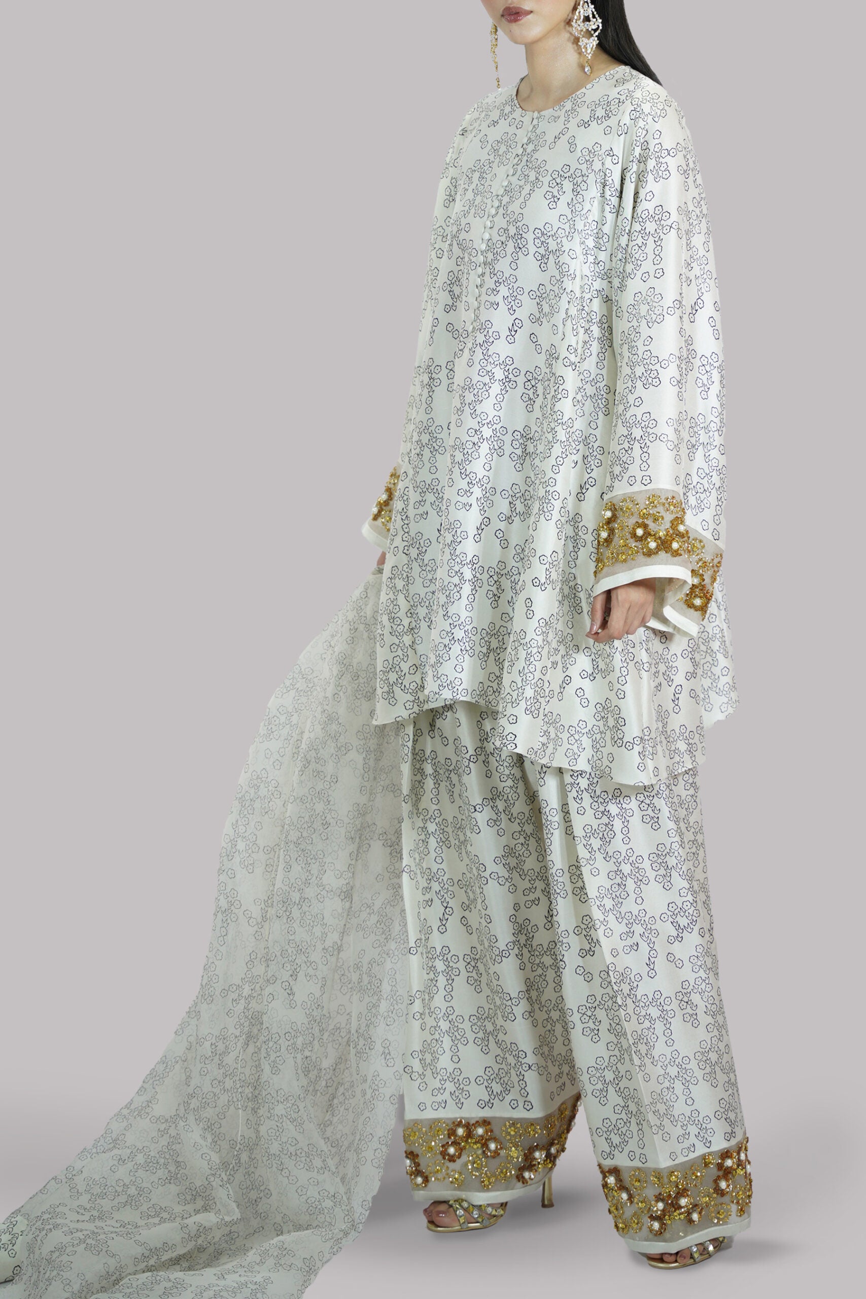 Egret Beige Block Printed and Embellished Raw Silk Set