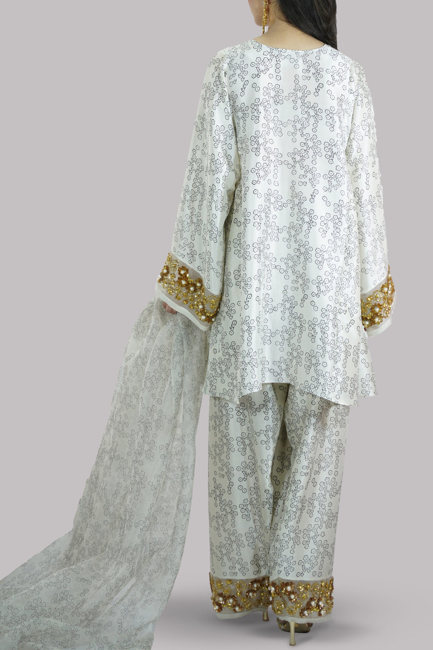 Egret Beige Block Printed and Embellished Raw Silk Set