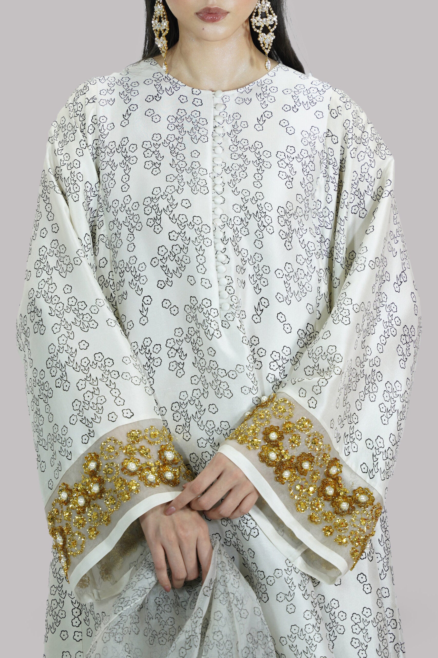 Egret Beige Block Printed and Embellished Raw Silk Set