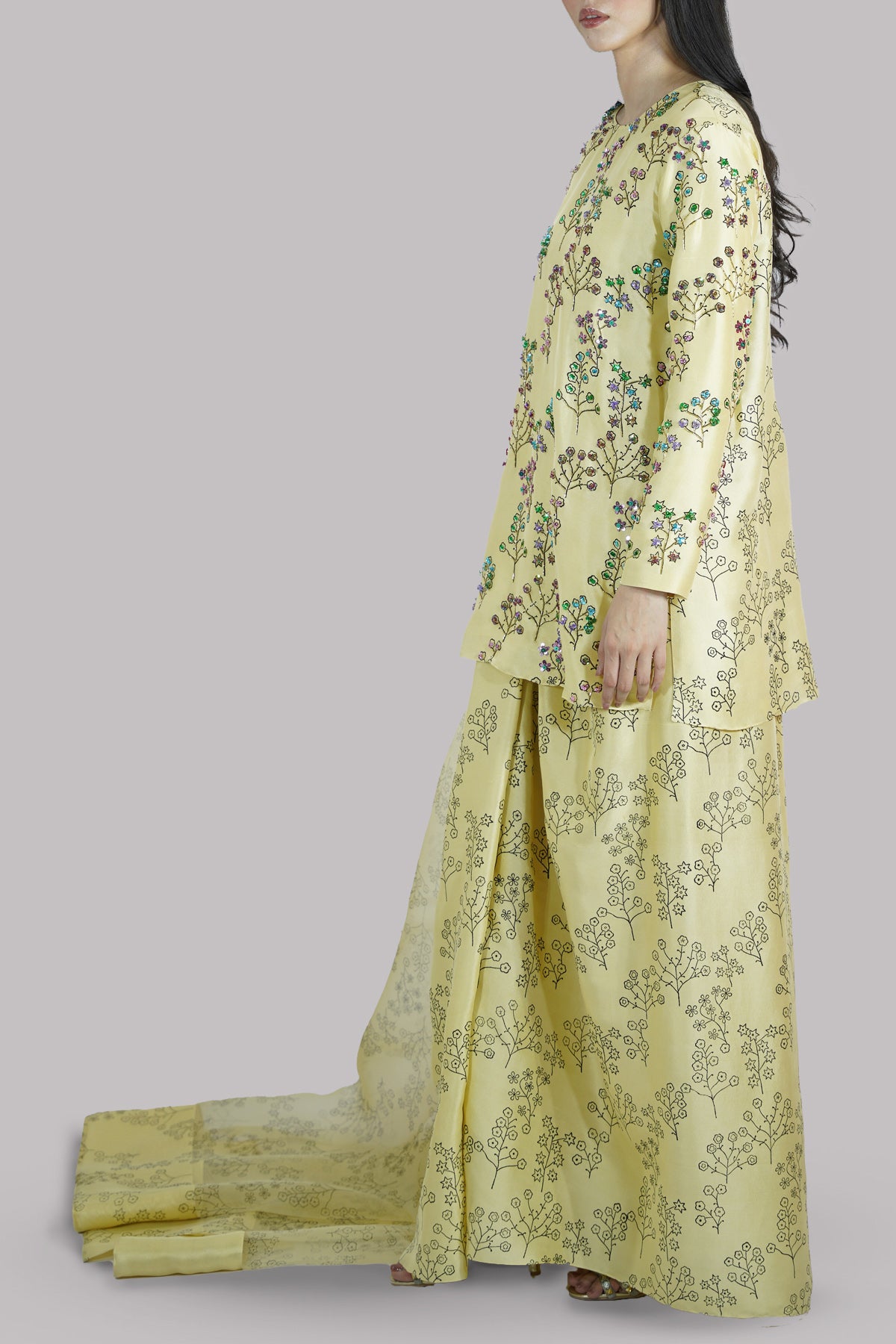 Pineapple Slice Yellow Block Printed Embellished Raw Silk Set