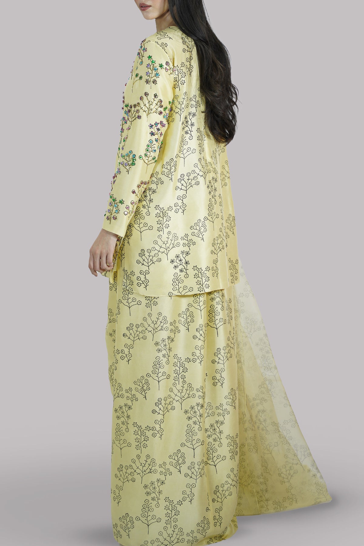 Pineapple Slice Yellow Block Printed Embellished Raw Silk Set