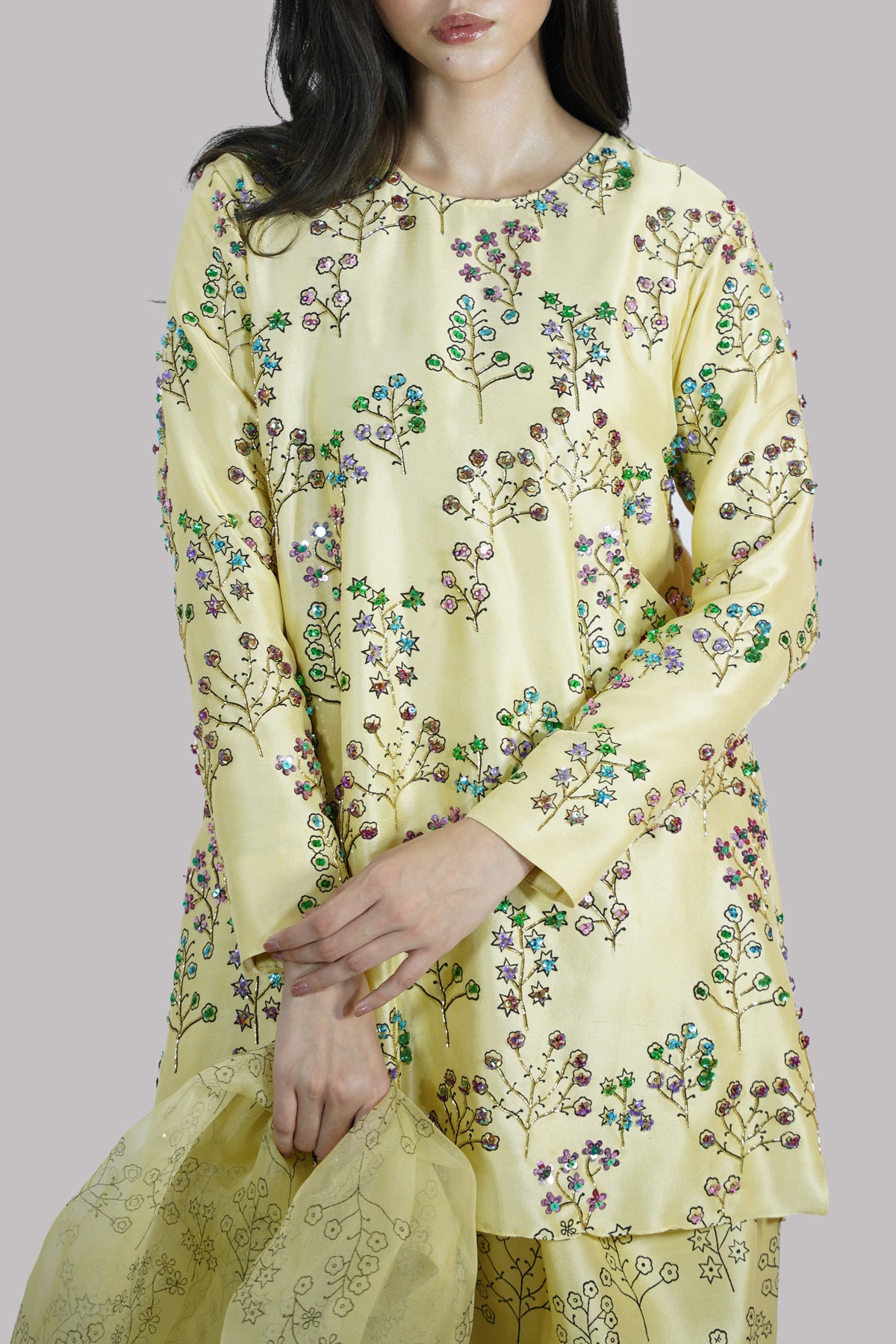 Pineapple Slice Yellow Block Printed Embellished Raw Silk Set
