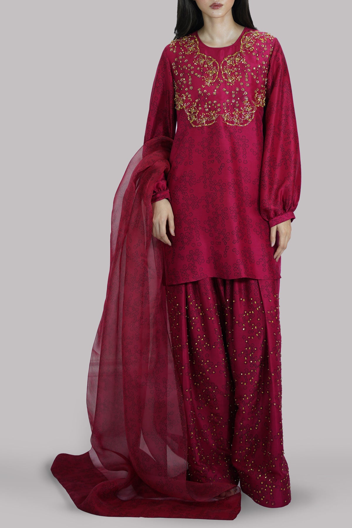 Red Bud Block Printed and Embellished Raw Silk Set