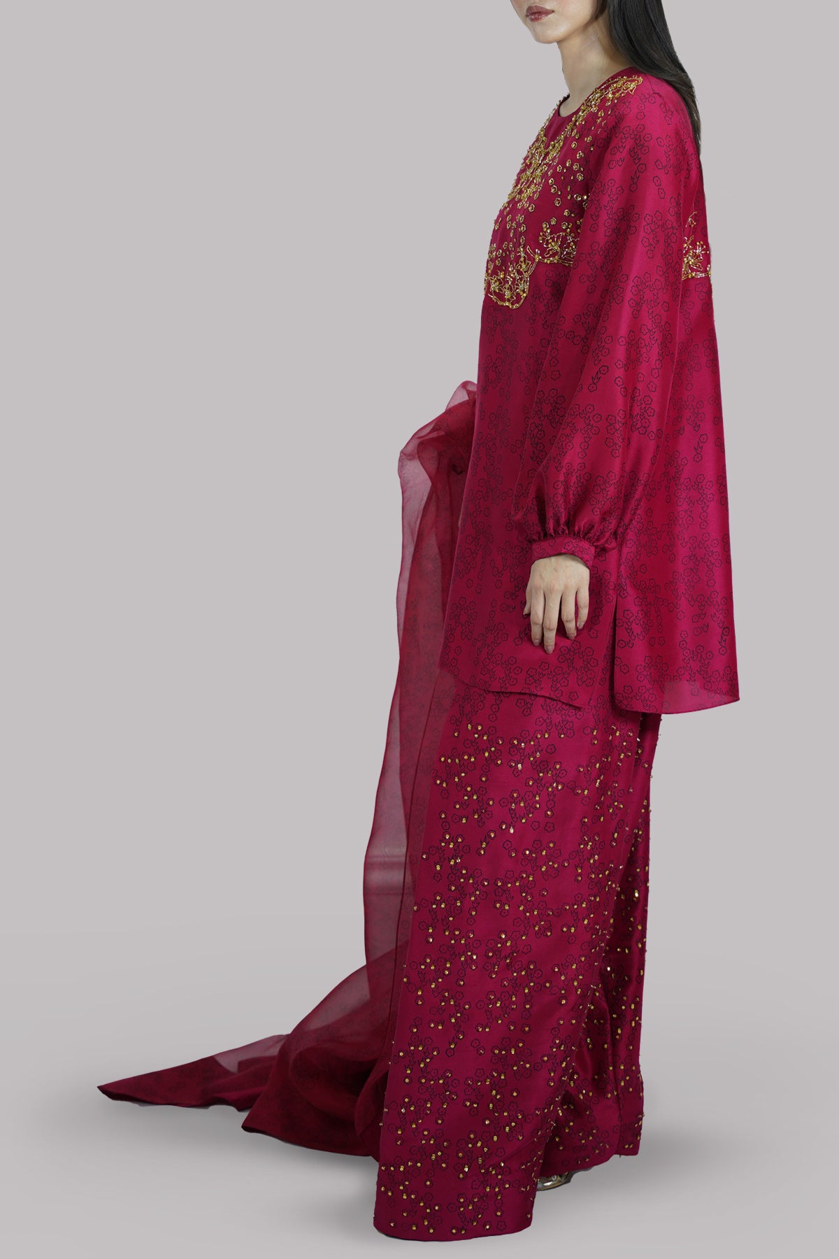 Red Bud Block Printed and Embellished Raw Silk Set