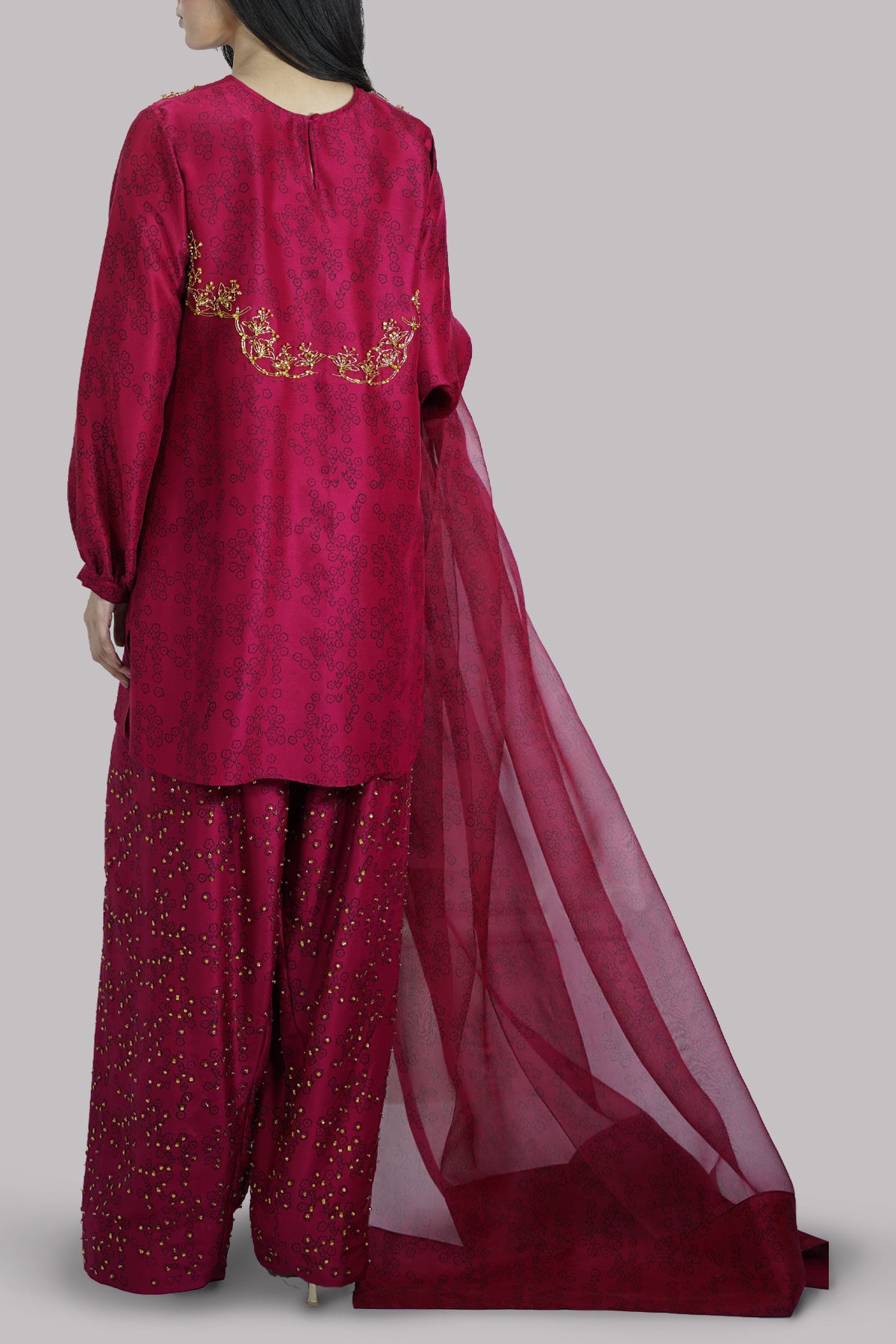 Red Bud Block Printed and Embellished Raw Silk Set