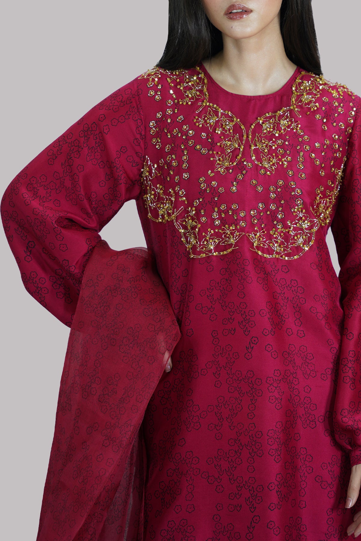 Red Bud Block Printed and Embellished Raw Silk Set