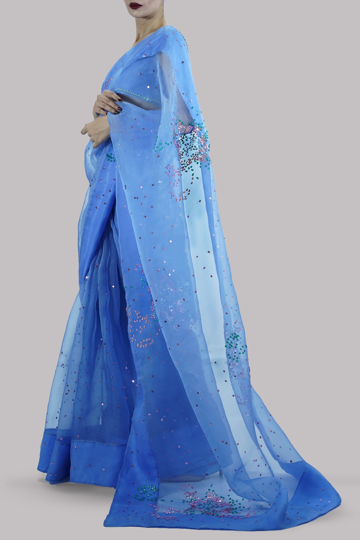 Cornflower Blue Embellished Organza Sari