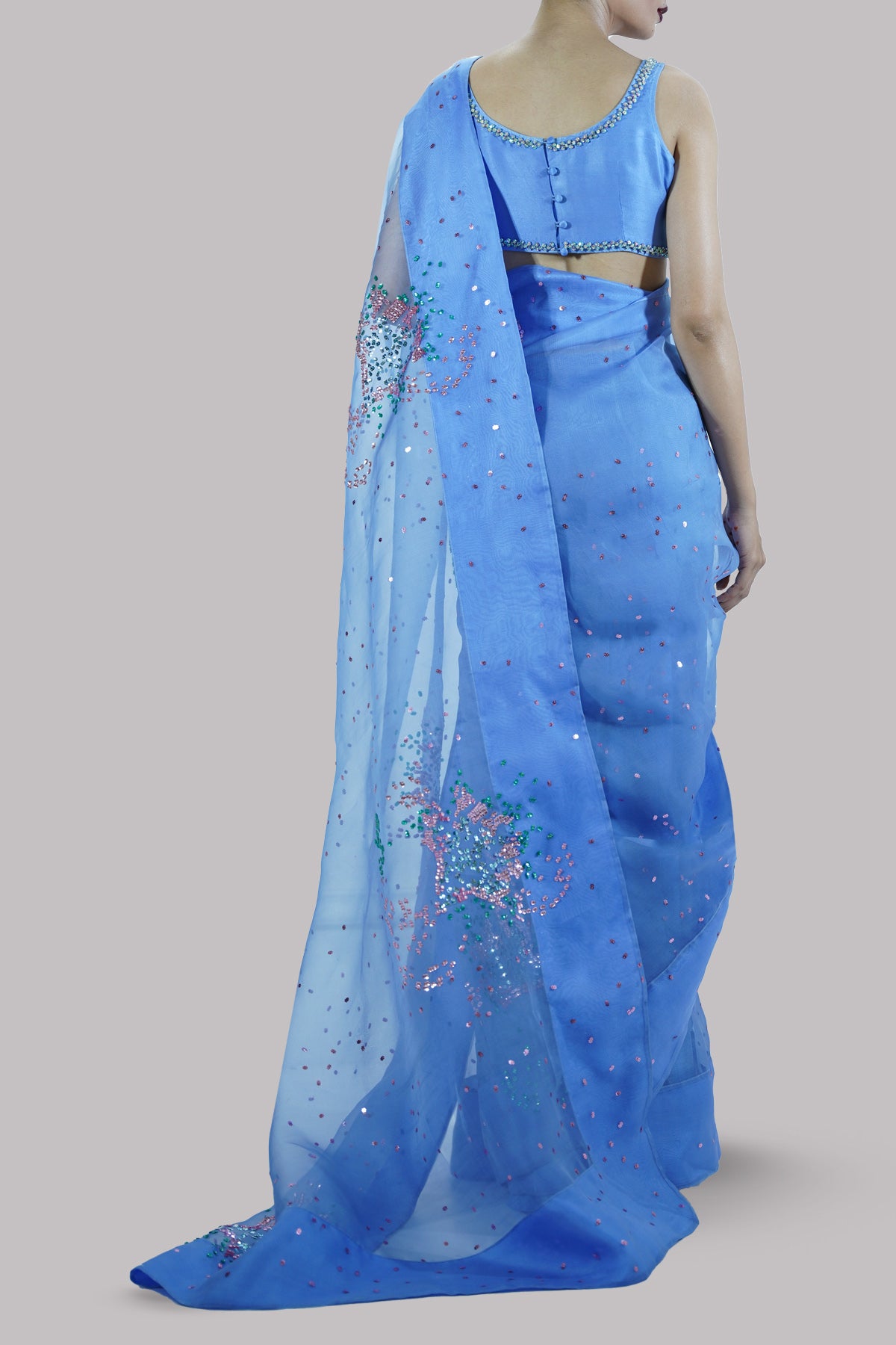 Cornflower Blue Embellished Organza Sari