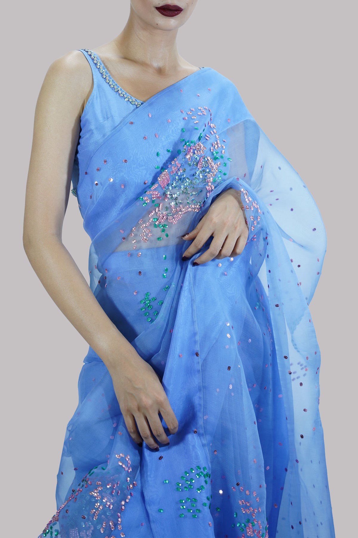 Cornflower Blue Embellished Organza Sari