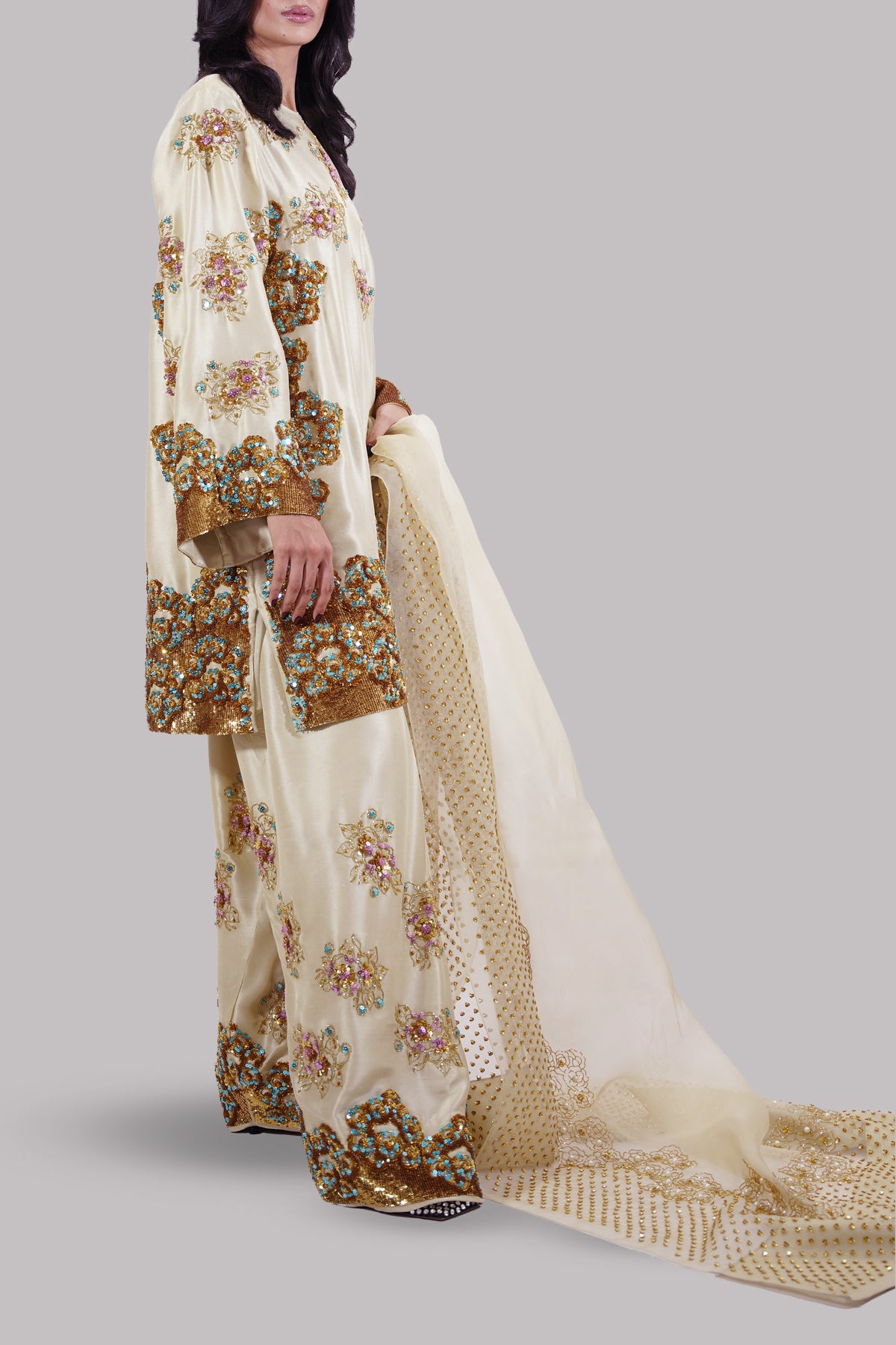 Lambs Wool Crème Embellished Raw Silk Set