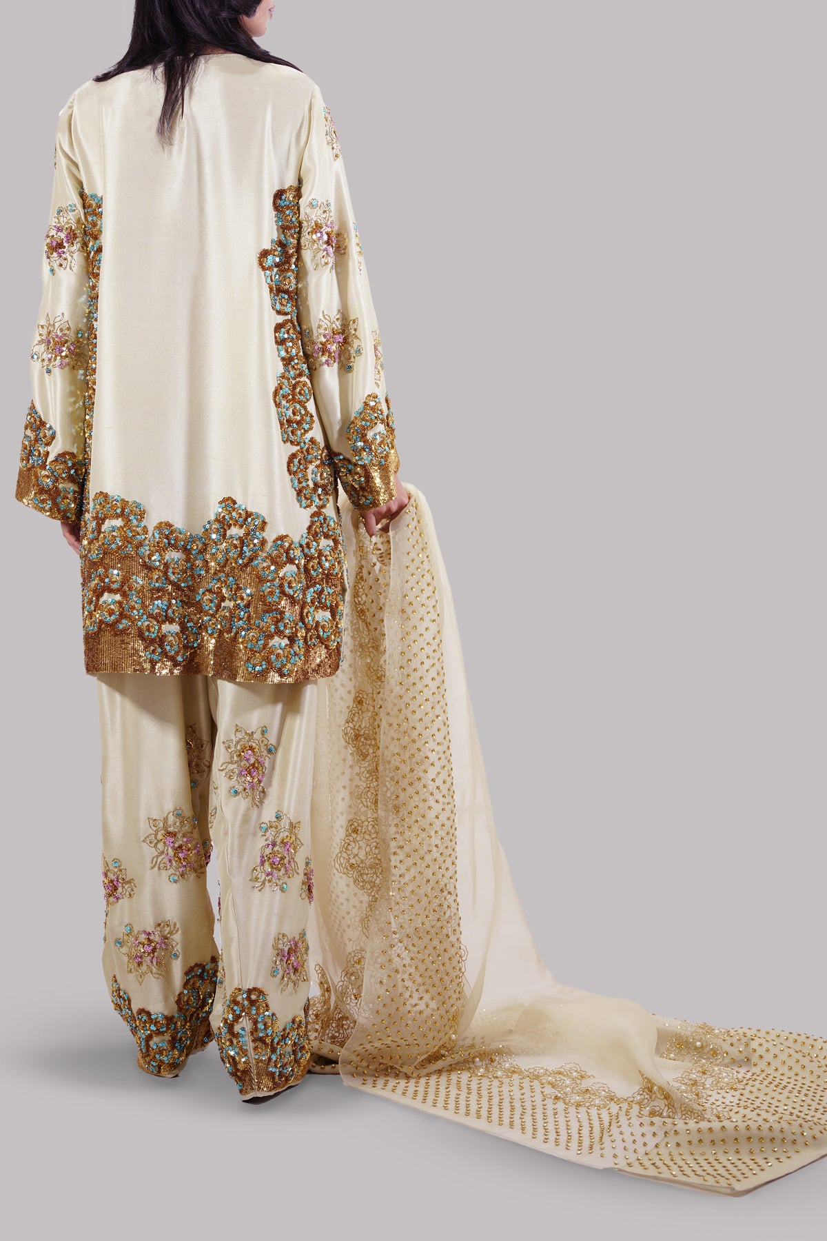 Lambs Wool Crème Embellished Raw Silk Set