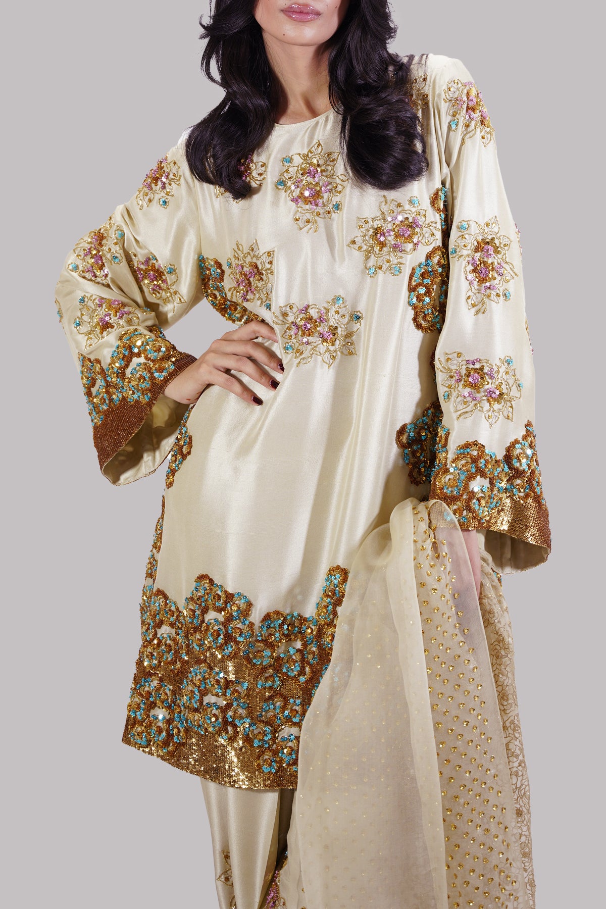 Lambs Wool Crème Embellished Raw Silk Set