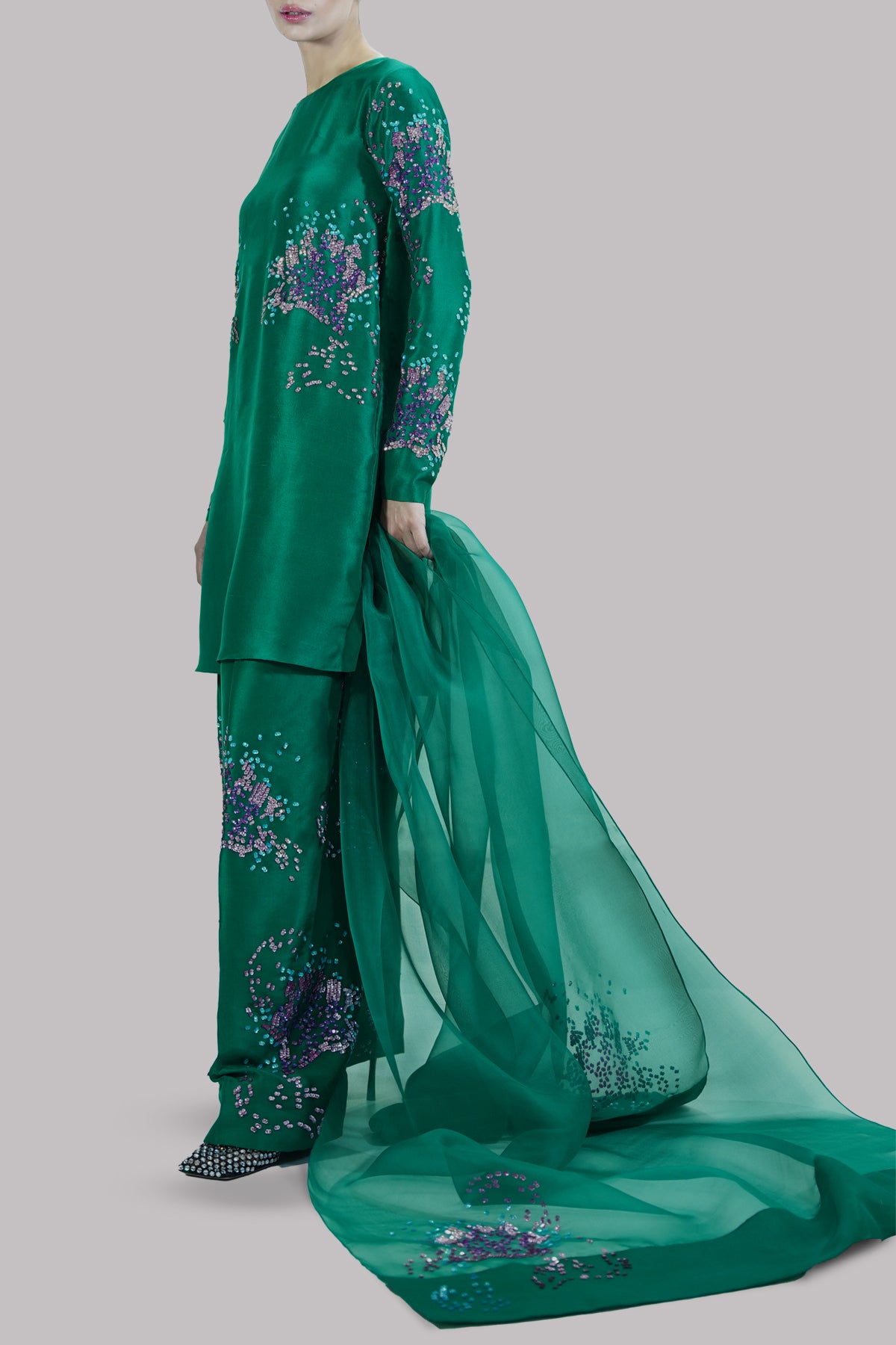 Galapogas Green Embellished Raw Silk Set