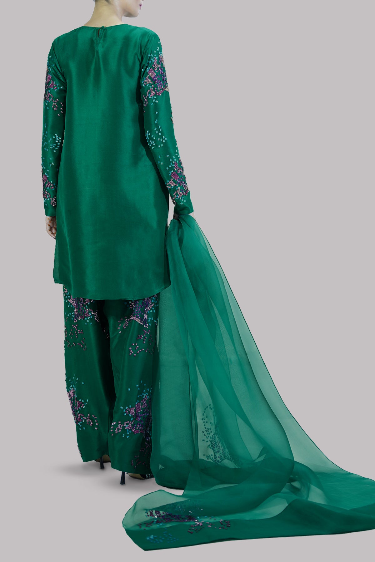 Galapogas Green Embellished Raw Silk Set