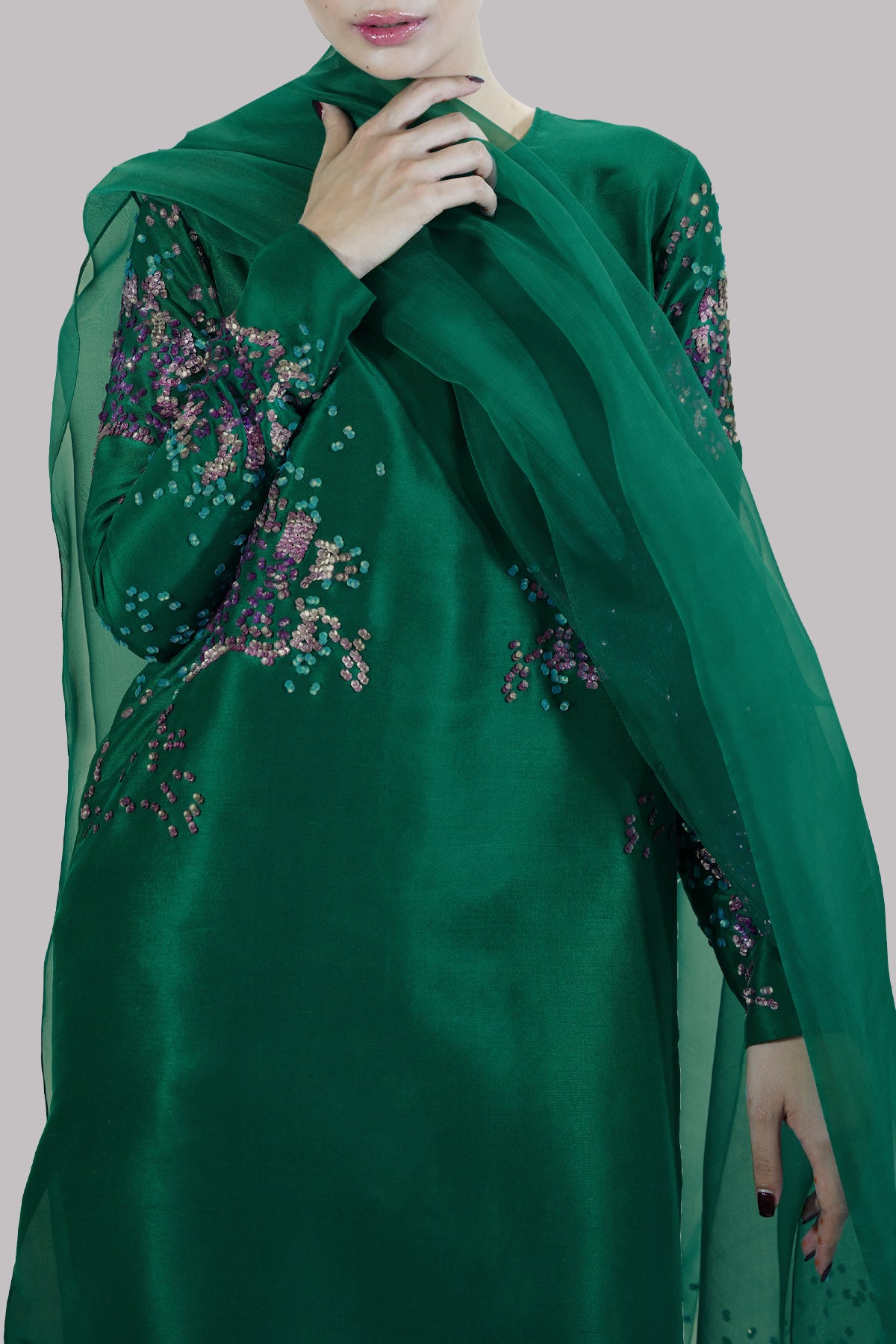 Galapogas Green Embellished Raw Silk Set