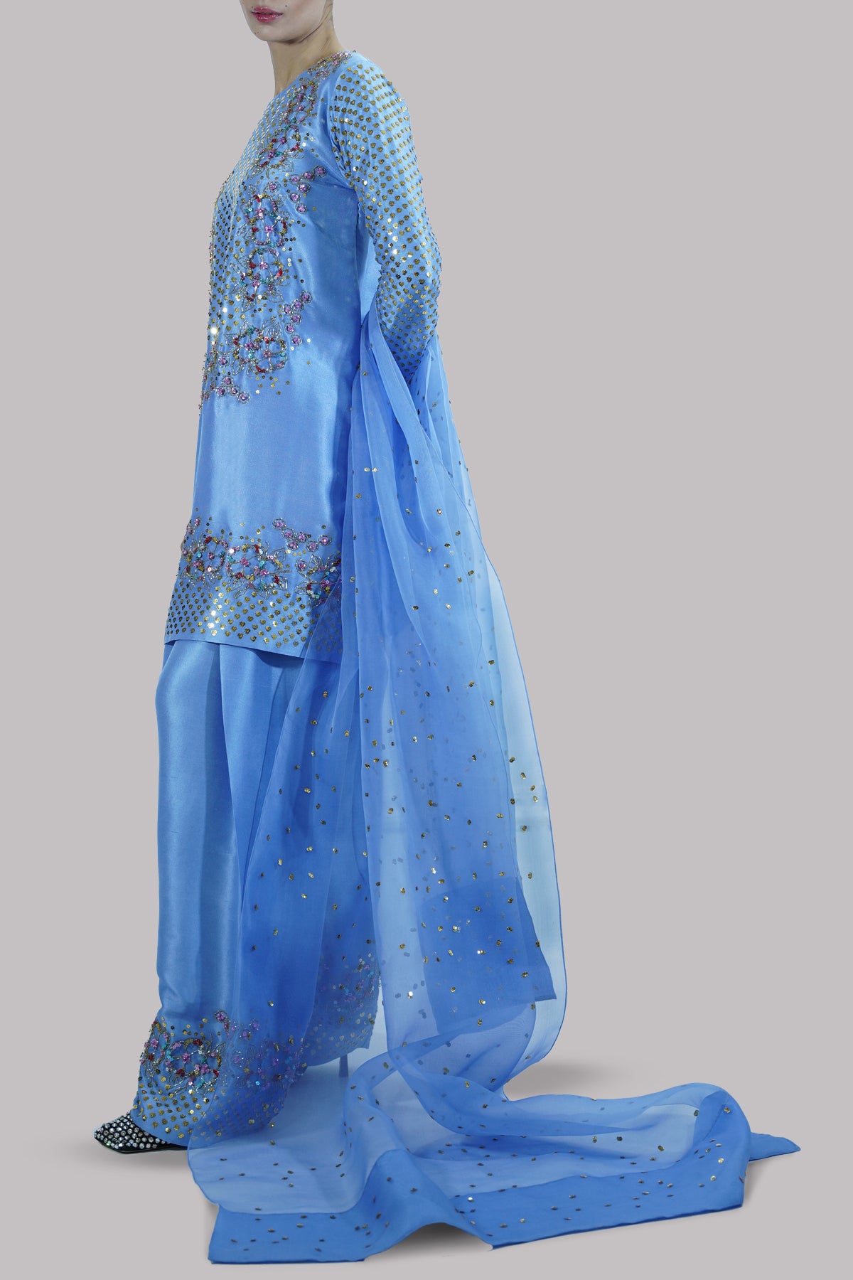 Cornflower Blue  Embellished Raw Silk Set