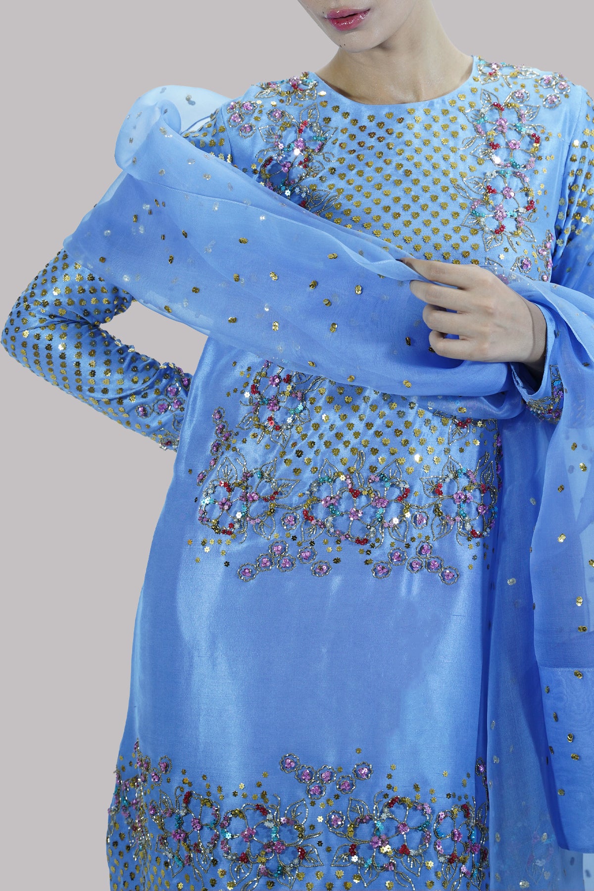 Cornflower Blue  Embellished Raw Silk Set