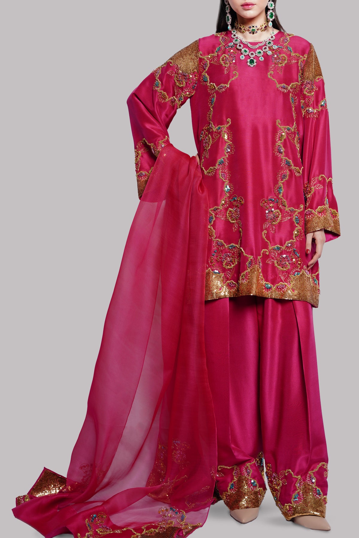 Tango Red Embellished Raw Silk Set