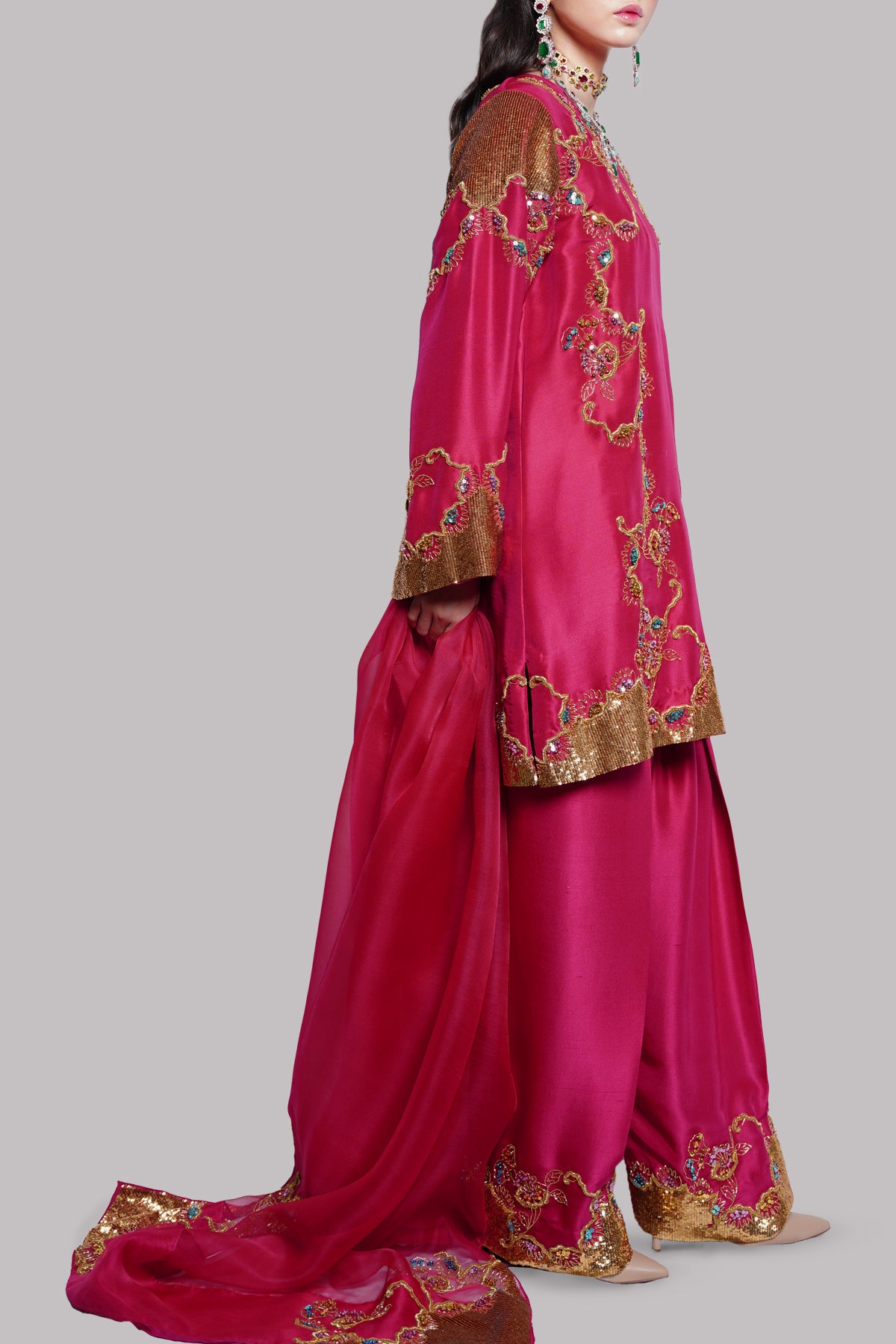 Tango Red Embellished Raw Silk Set