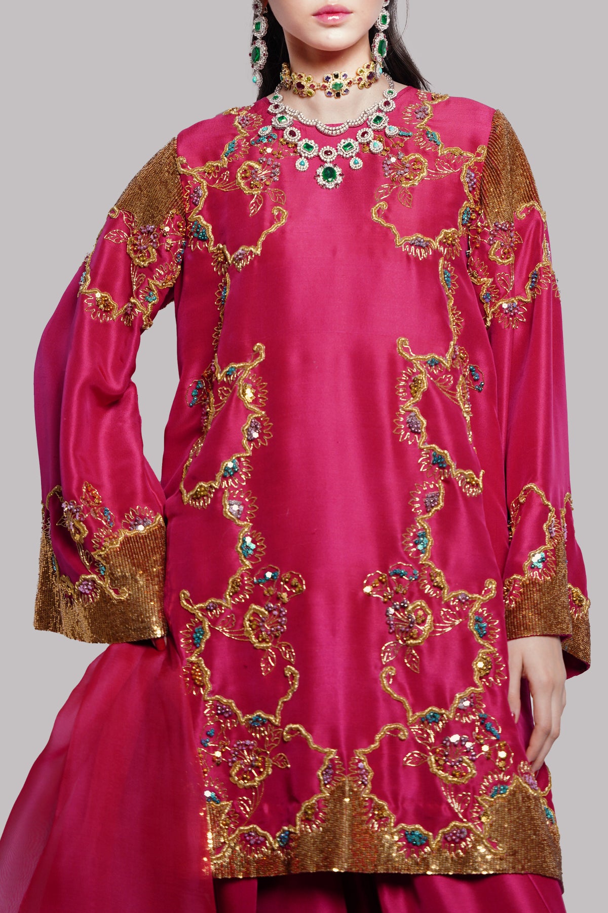 Tango Red Embellished Raw Silk Set