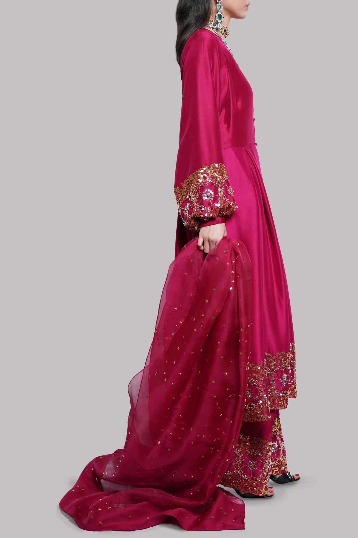 Tango Red Embellished Raw Silk Set