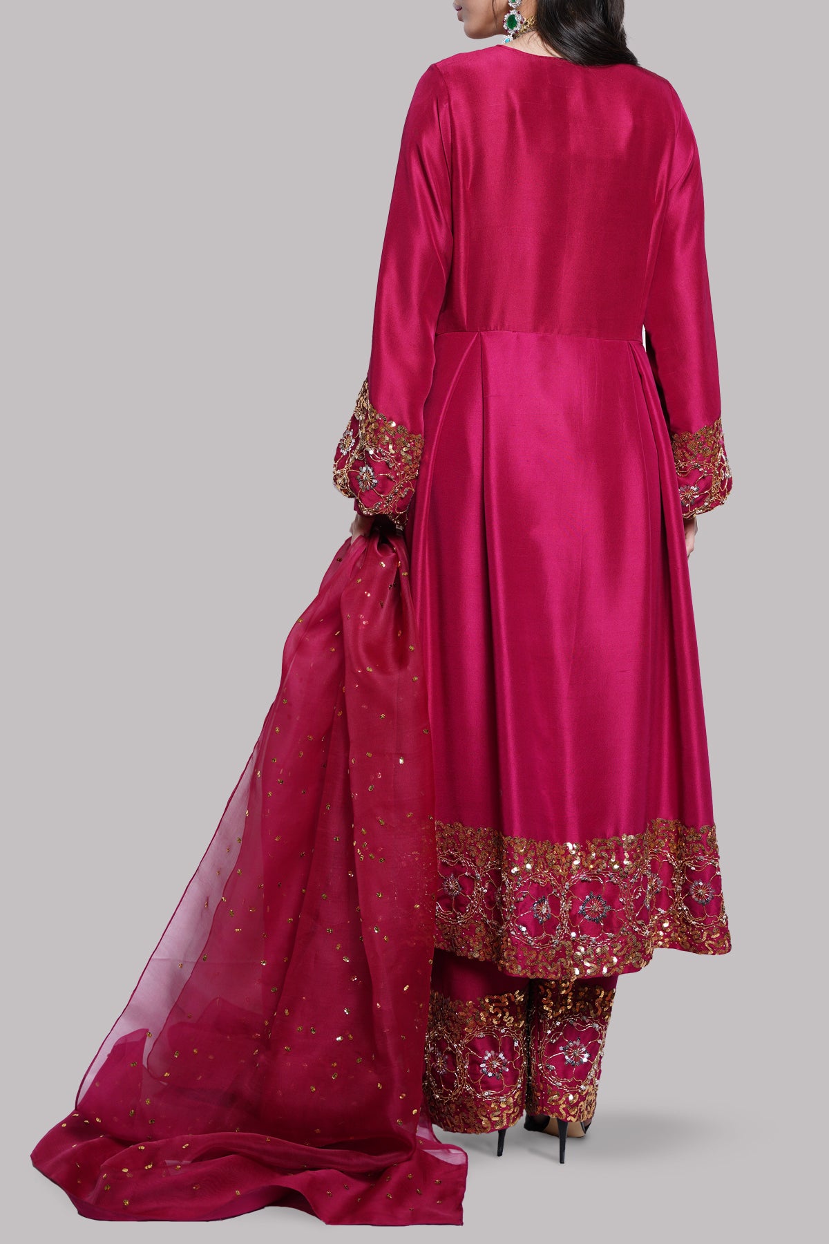 Tango Red Embellished Raw Silk Set