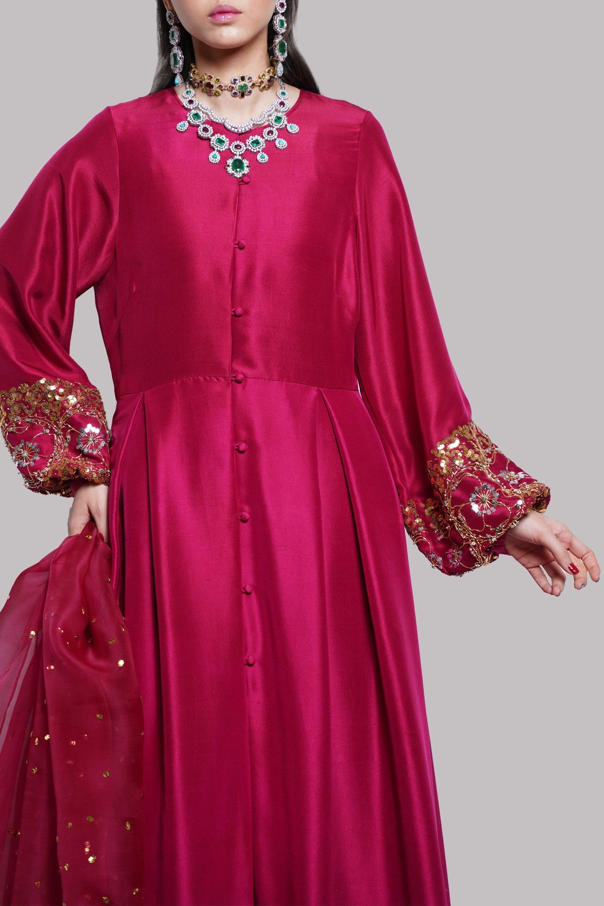 Tango Red Embellished Raw Silk Set