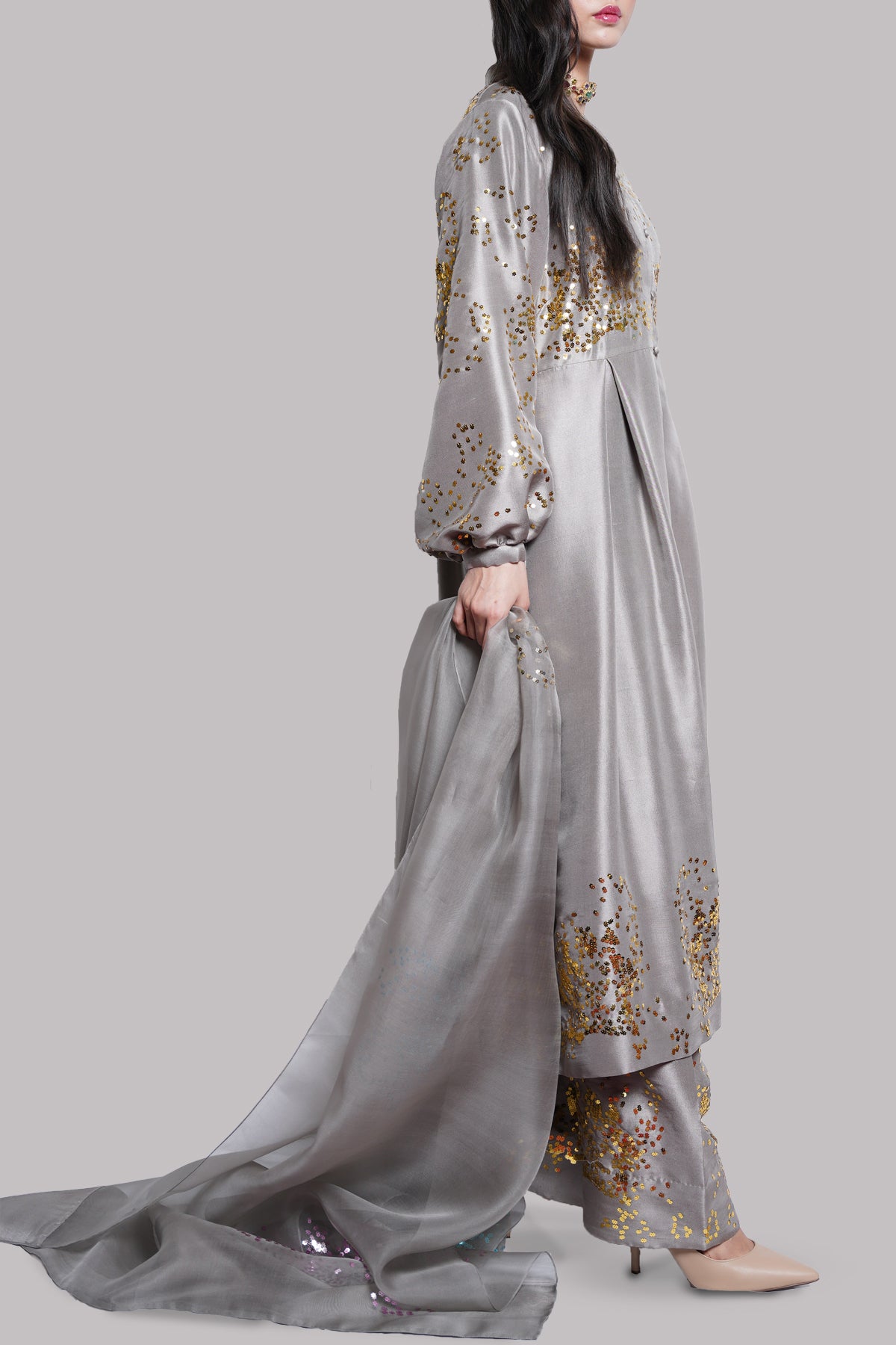 Steeple Gray Embellished Raw Silk Set