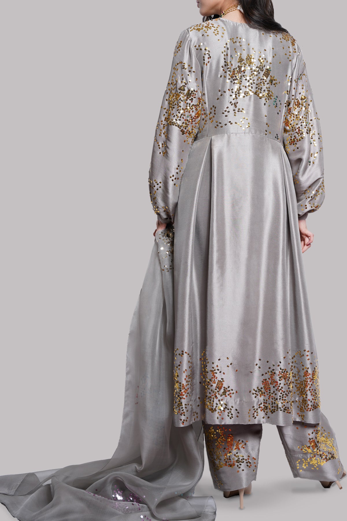 Steeple Gray Embellished Raw Silk Set