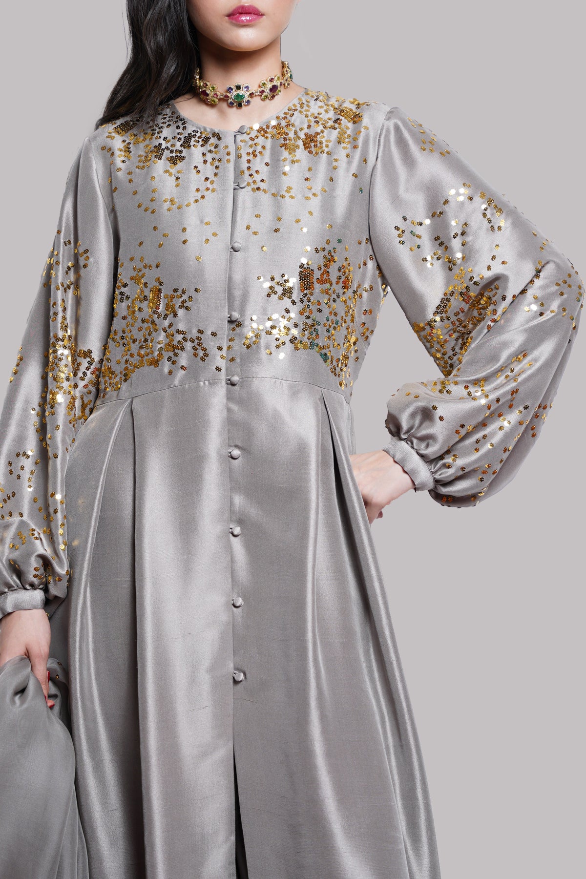 Steeple Gray Embellished Raw Silk Set