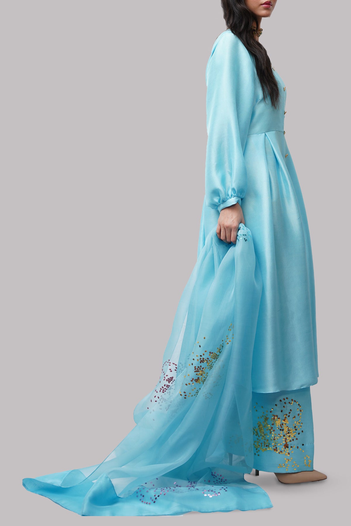Tropical Breeze Blue Embellished Raw Silk Set