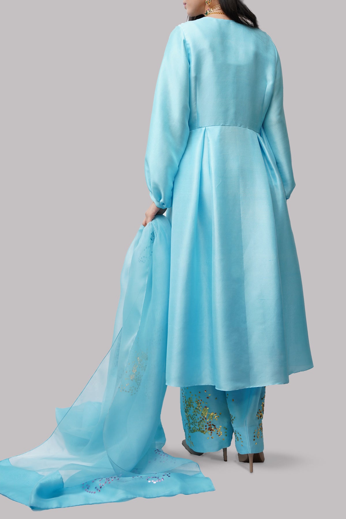 Tropical Breeze Blue Embellished Raw Silk Set