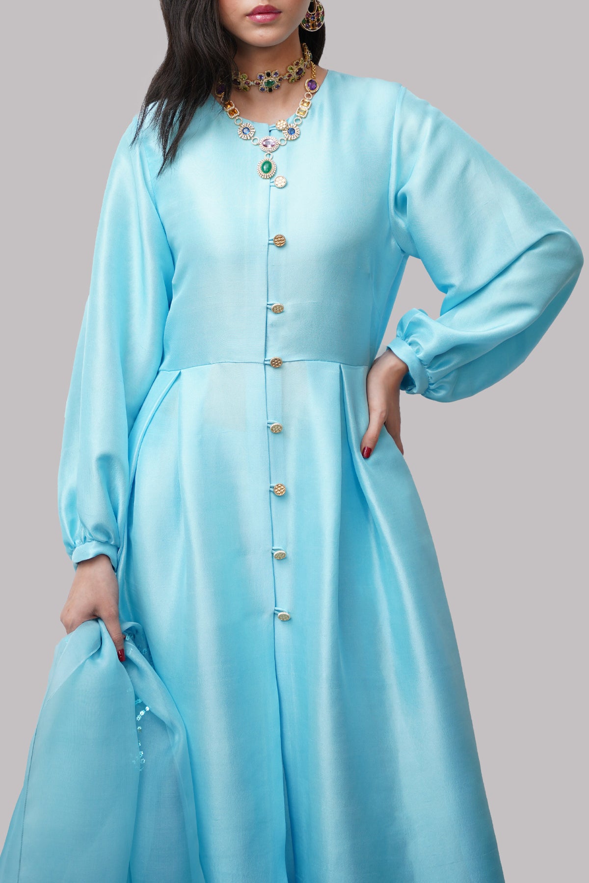 Tropical Breeze Blue Embellished Raw Silk Set