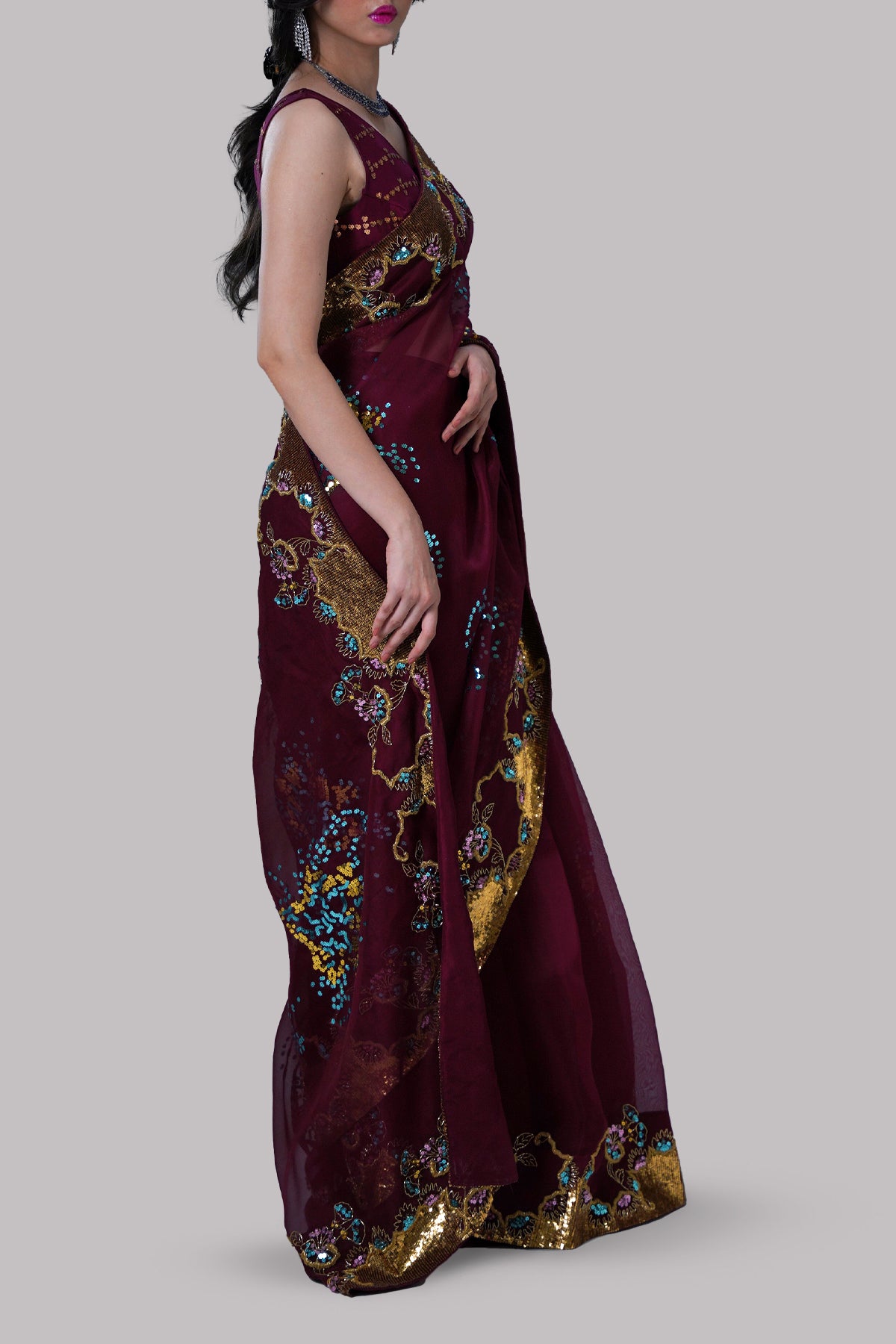 Cloqué Maroon Embellished Organza Sari