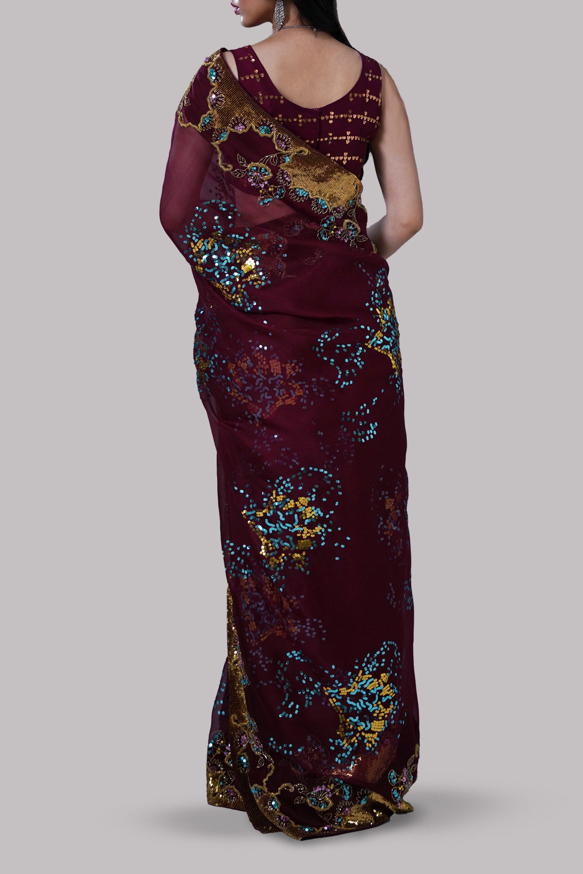 Cloqué Maroon Embellished Organza Sari